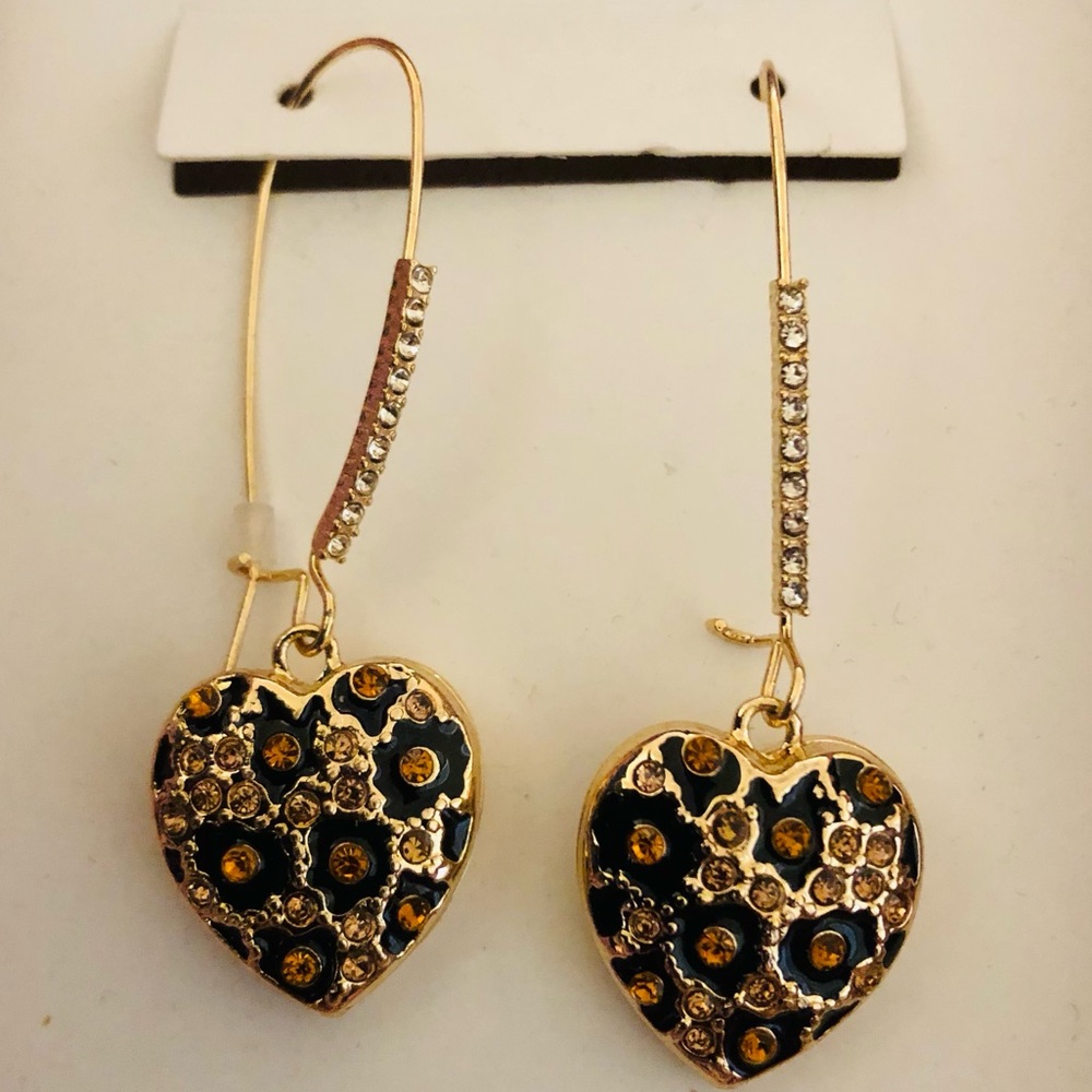 Authentic Betsey Johnson Earrings - Cheetah Rhinestone Heart, Gold Tone, NIB
